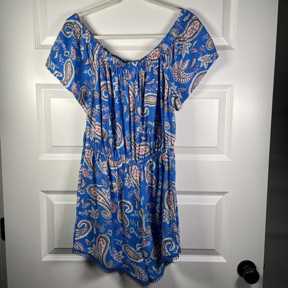 Bebop Blue Paisley Romper Jumper Shortalls Size XL NWT Off Shoulder Shorts - Picture 5 of 10